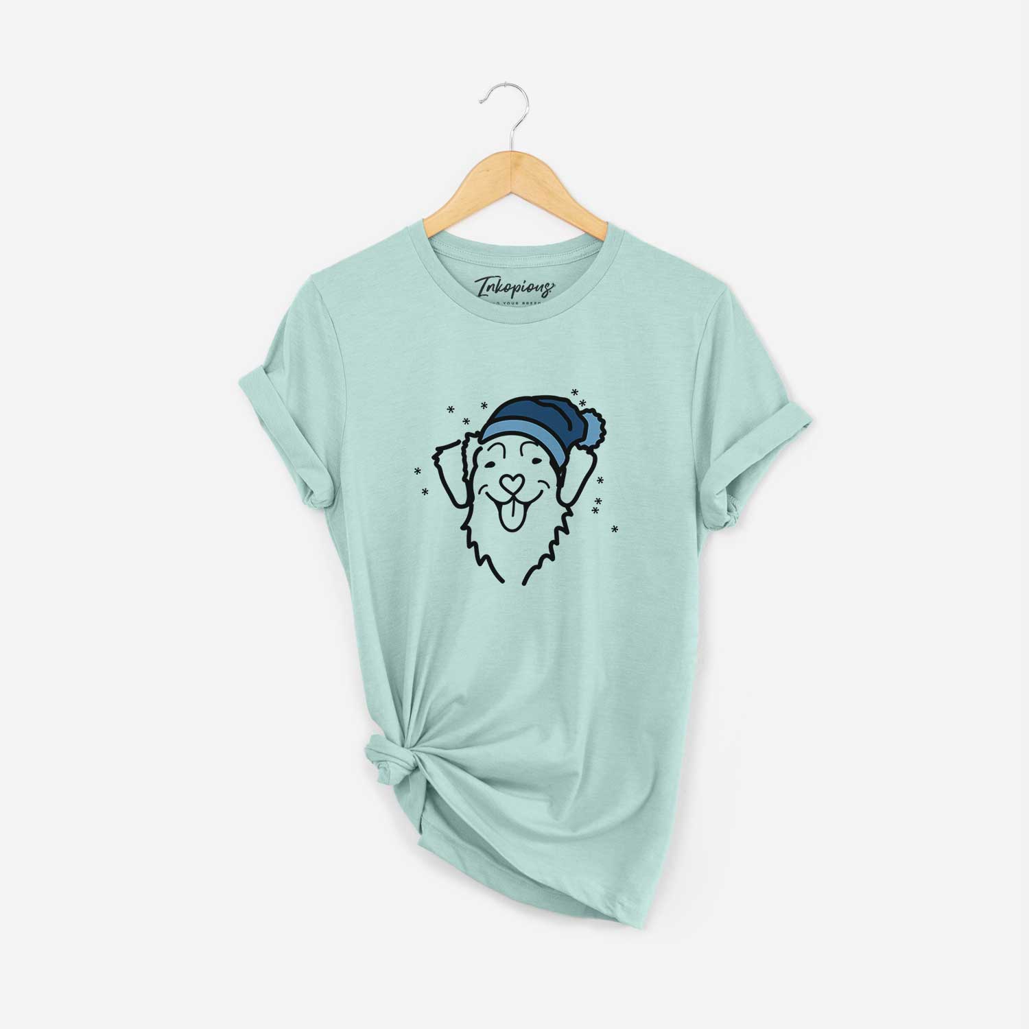 Minimalist line drawing of a Nova Scotia Duck Tolling Retriever wearing a winter beanie on a Heather Sage Unisex crewneck