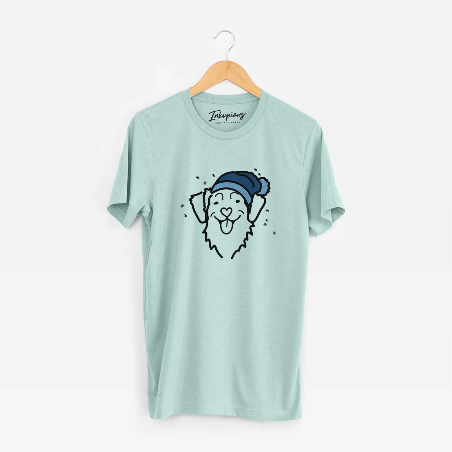 Minimalist line drawing of a Nova Scotia Duck Tolling Retriever wearing a winter beanie on a Heather Sage Unisex crewneck