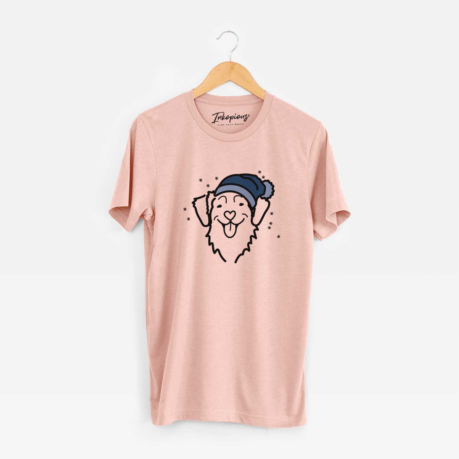 Minimalist line drawing of a Nova Scotia Duck Tolling Retriever wearing a winter beanie on a Peach Unisex crewneck