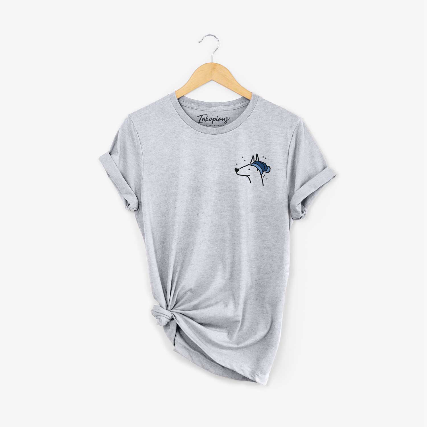 Small chest-pocket minimalist line drawing of a Doberman Pinscher wearing a winter beanie on a Grey Unisex crewneck