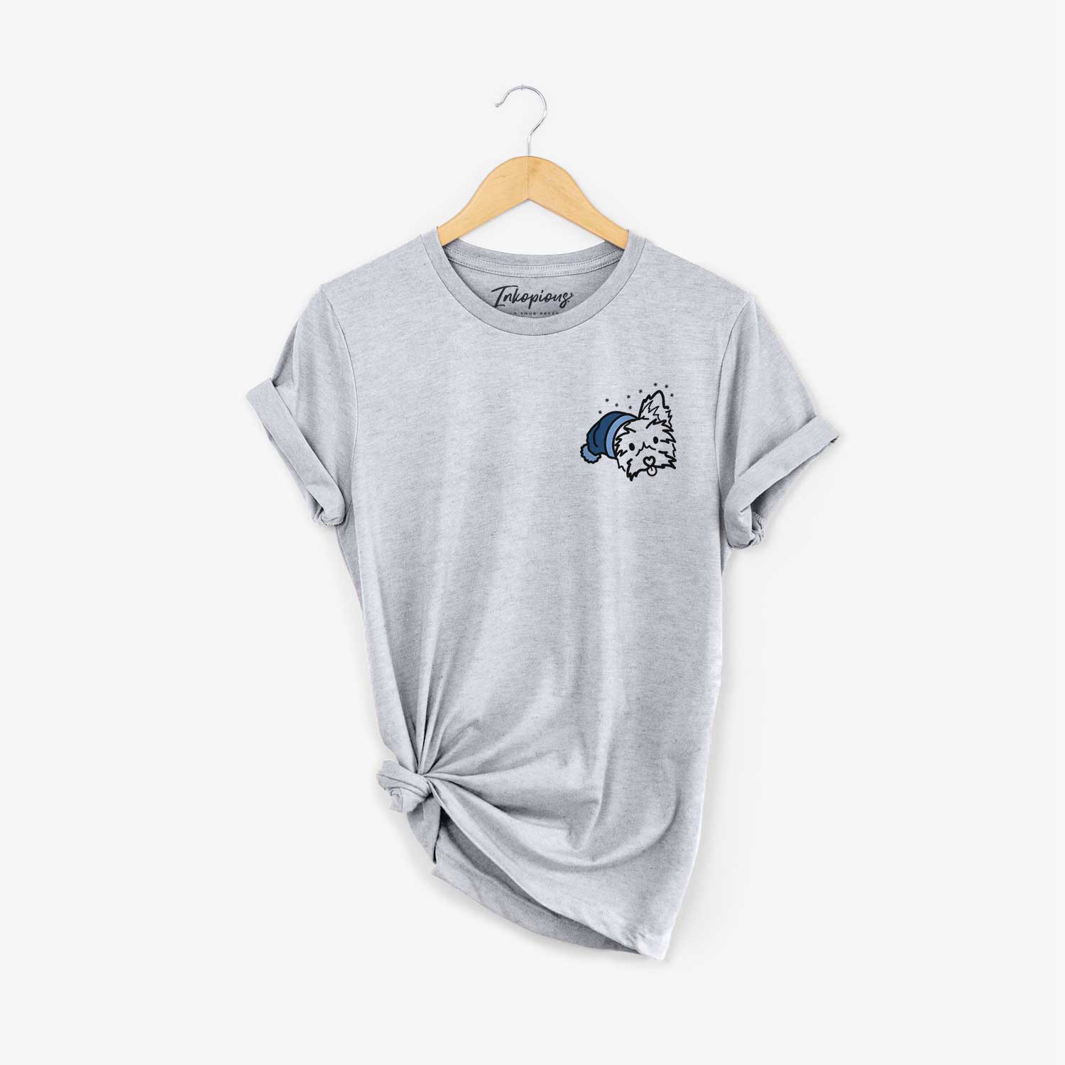 Small chest-pocket minimalist line drawing of Luna the Yorkshire Terrier wearing a winter beanie on a Grey Unisex crewneck