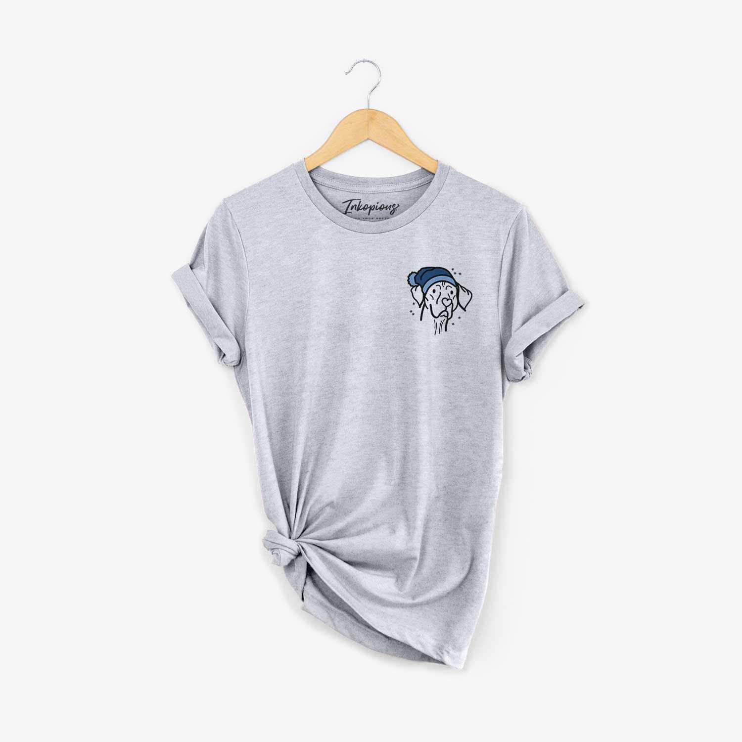 Small chest-pocket minimalist line drawing of Moose the Vizsla wearing a winter beanie on a Grey Unisex crewneck