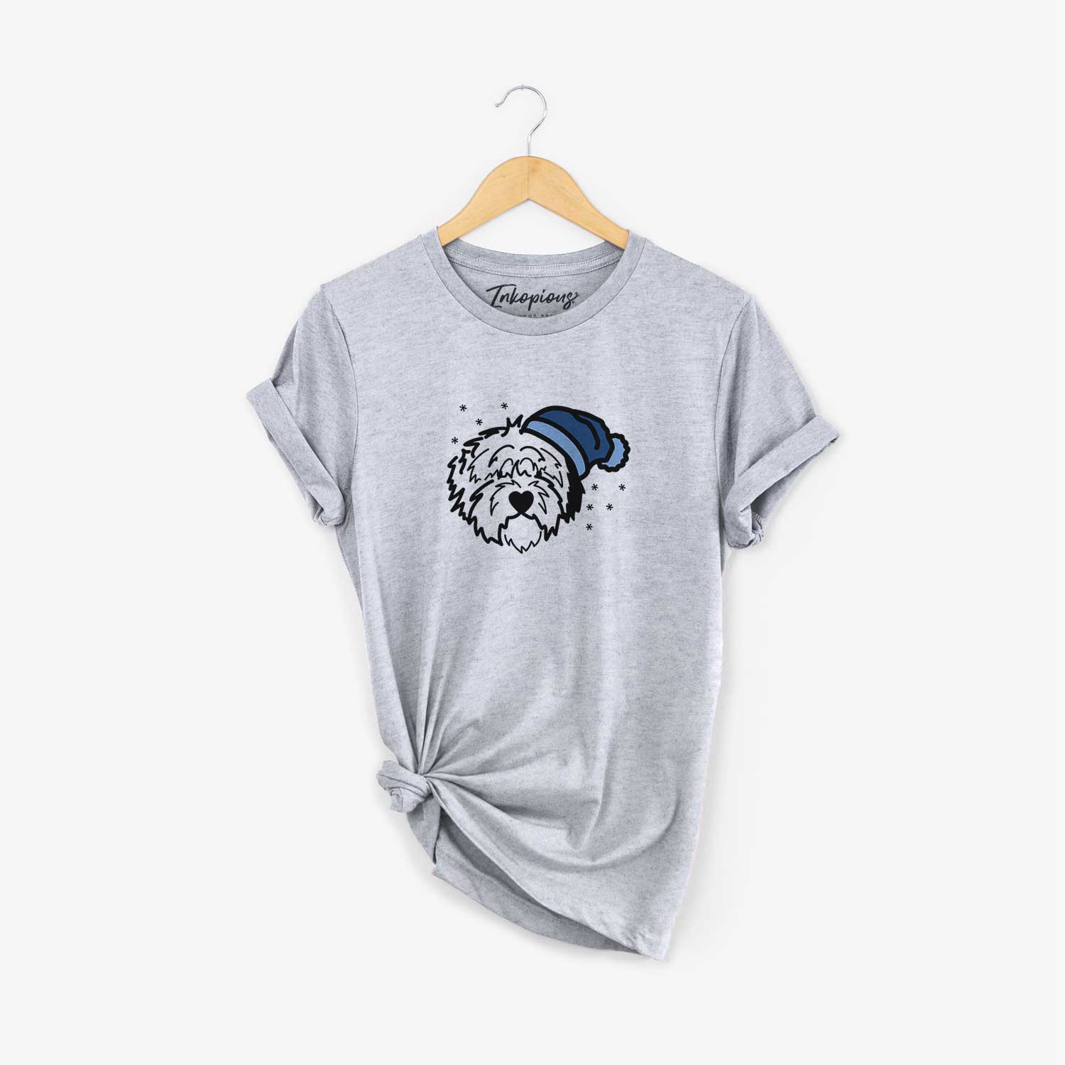 Minimalist line drawing of Penny the Old English Sheepdog wearing a winter beanie on a Grey Unisex crewneck