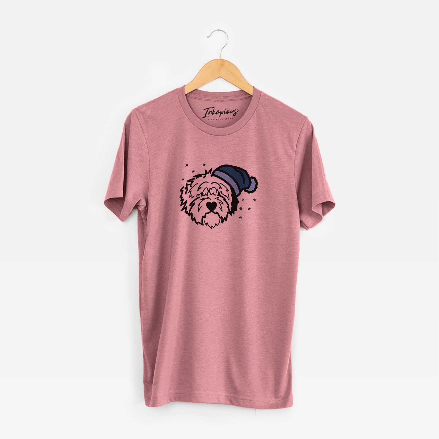 Minimalist line drawing of Penny the Old English Sheepdog wearing a winter beanie on a Mauve Unisex crewneck