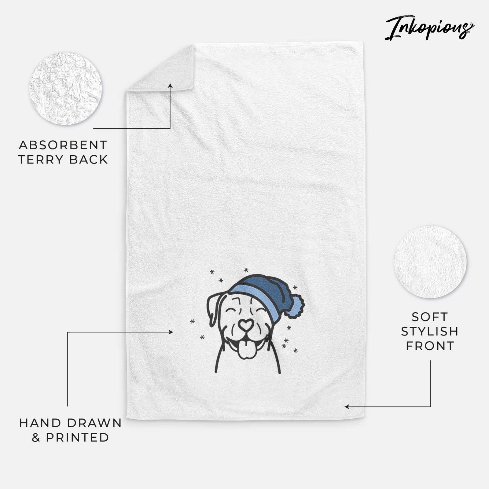 Minimalist line drawing of a Pitbull wearing a winter beanie on a decorative hand towel