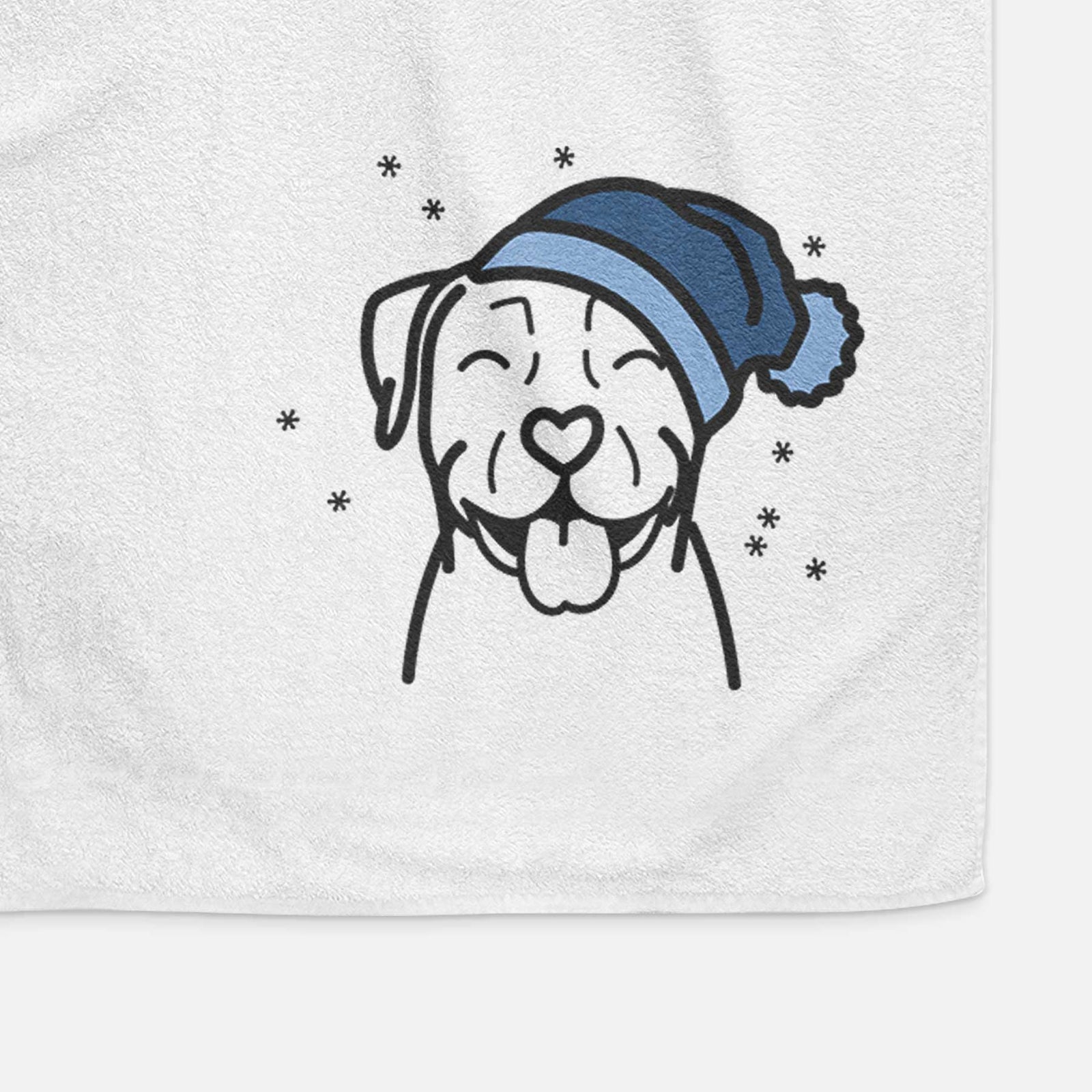 Minimalist line drawing of a Pitbull wearing a winter beanie on a decorative hand towel