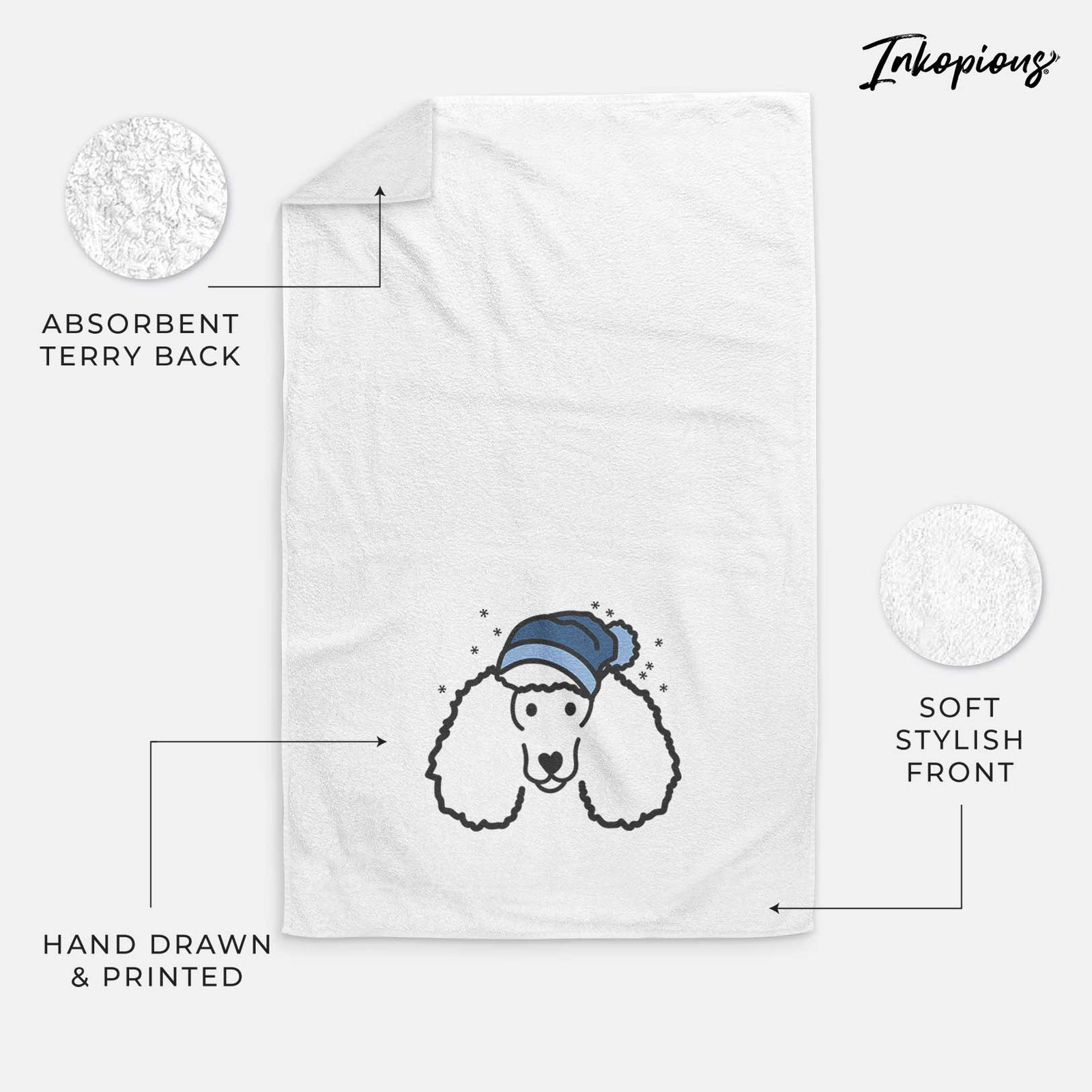 Minimalist line drawing of a Poodle wearing a winter beanie on a decorative hand towel