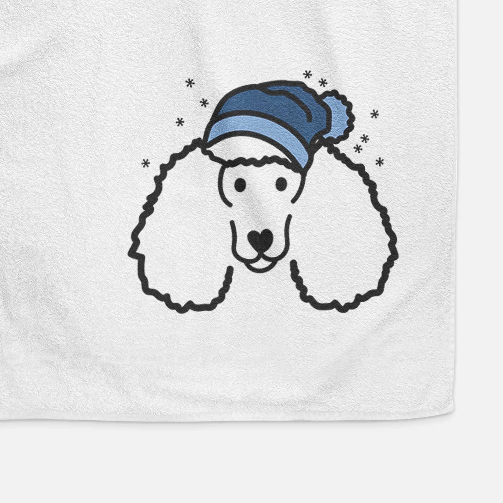 Minimalist line drawing of a Poodle wearing a winter beanie on a decorative hand towel