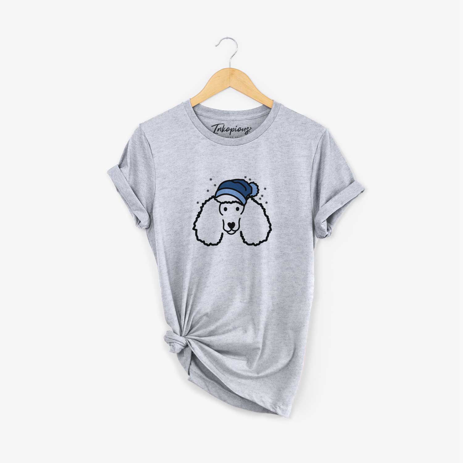 Minimalist line drawing of a Poodle wearing a winter beanie on a Grey Unisex crewneck