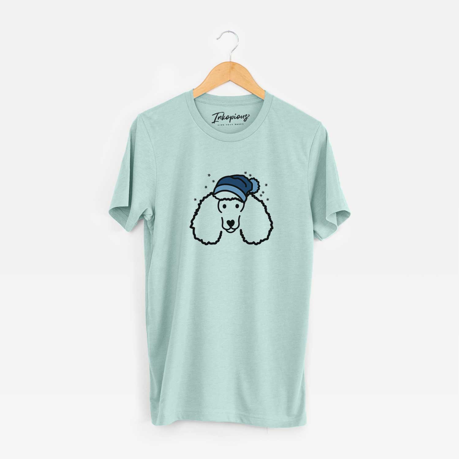 Minimalist line drawing of a Poodle wearing a winter beanie on a Heather Sage Unisex crewneck