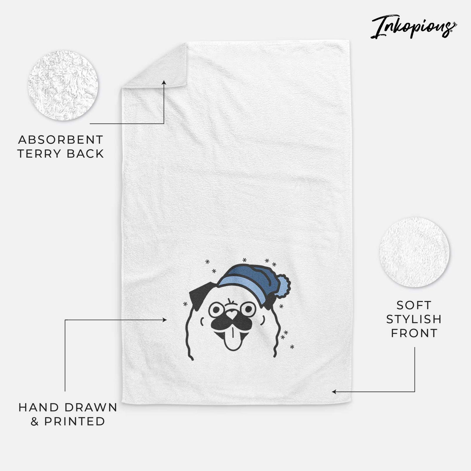 Minimalist line drawing of a Pug wearing a winter beanie on a decorative hand towel