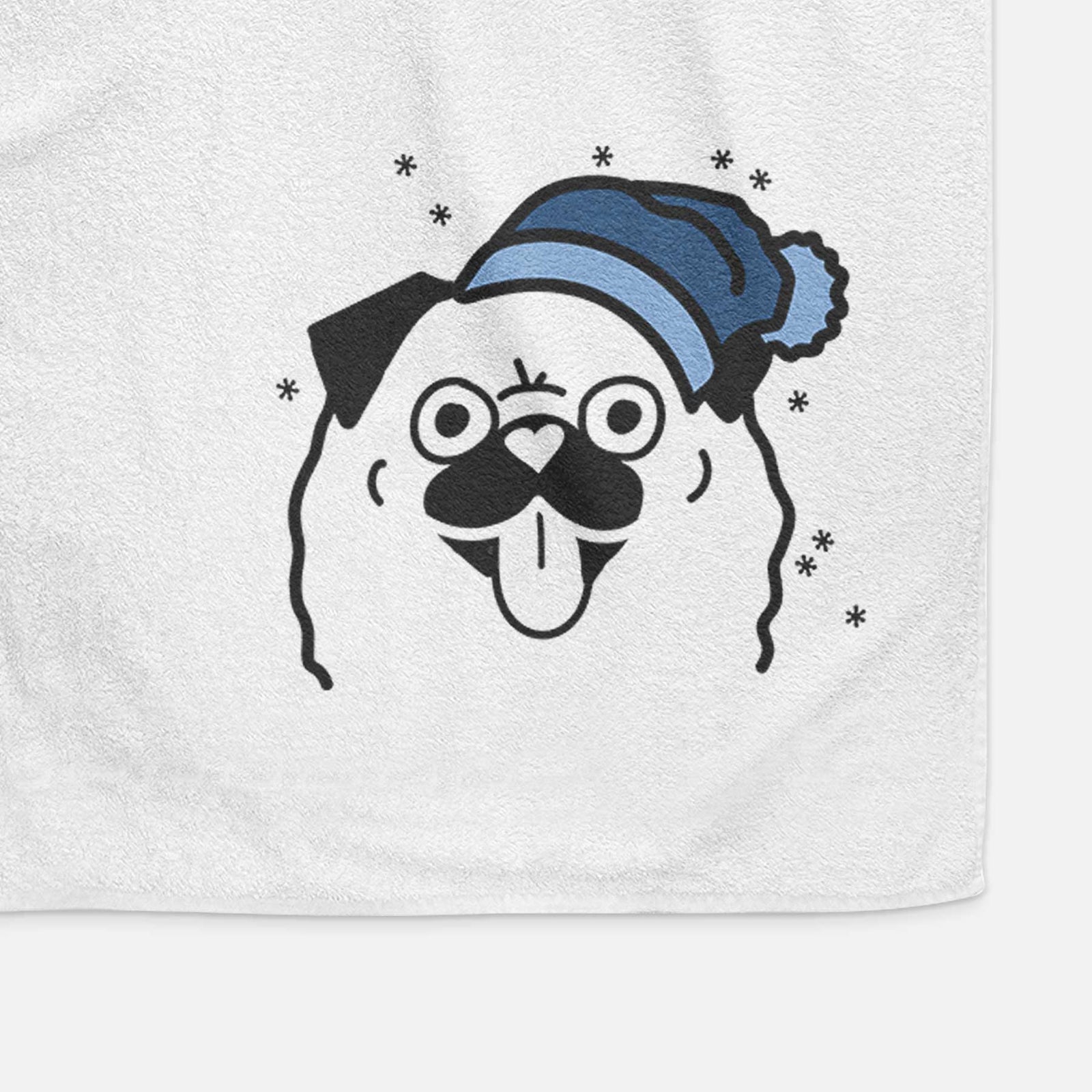 Minimalist line drawing of a Pug wearing a winter beanie on a decorative hand towel