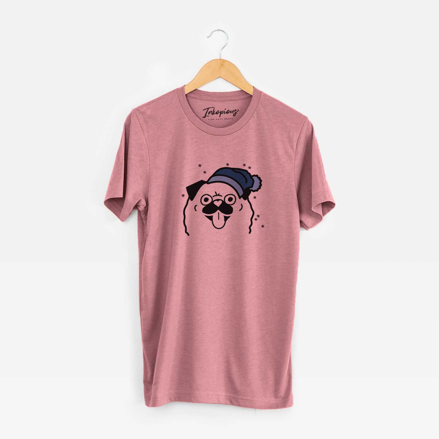 Minimalist line drawing of a Pug wearing a winter beanie on a Mauve Unisex crewneck