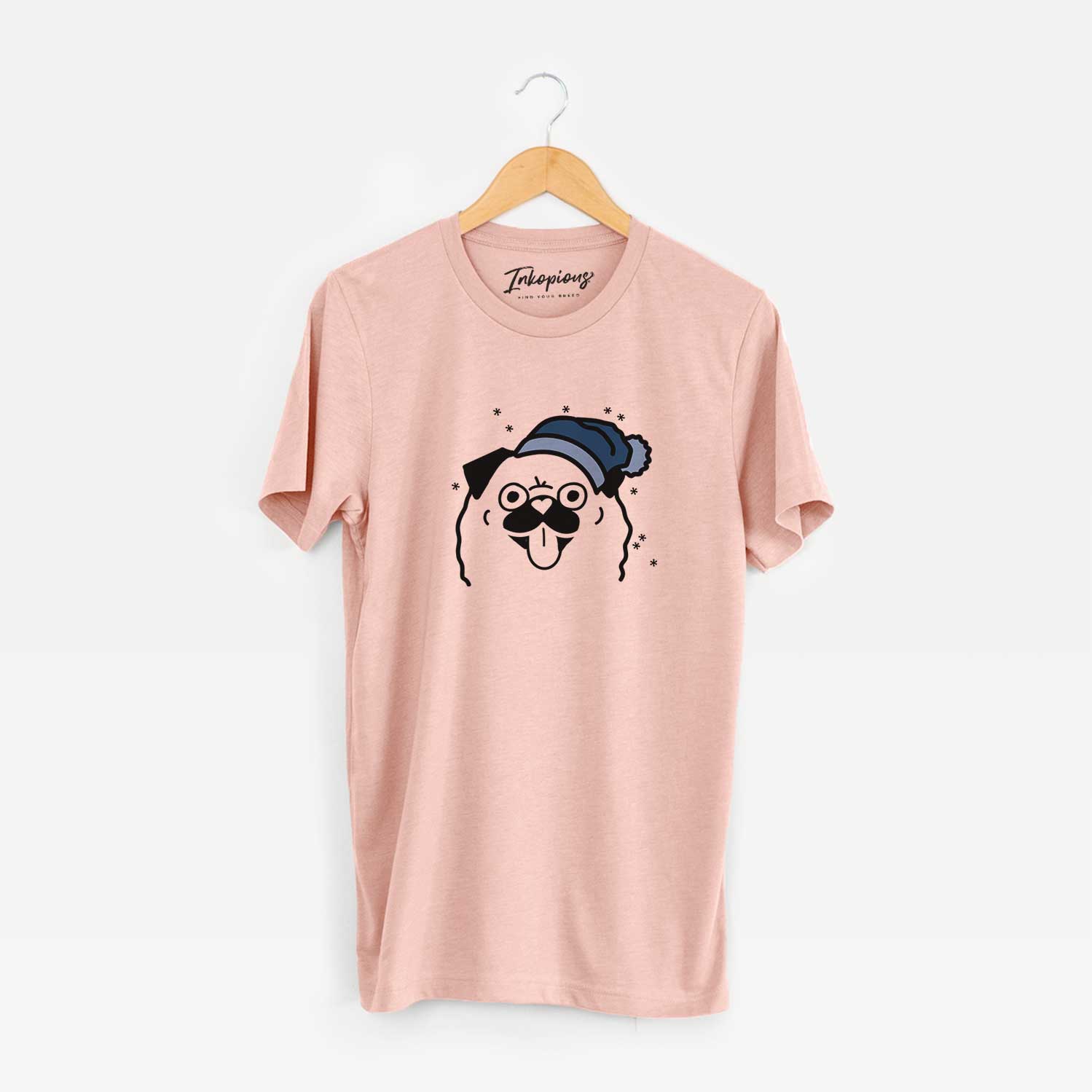 Minimalist line drawing of a Pug wearing a winter beanie on a Peach Unisex crewneck