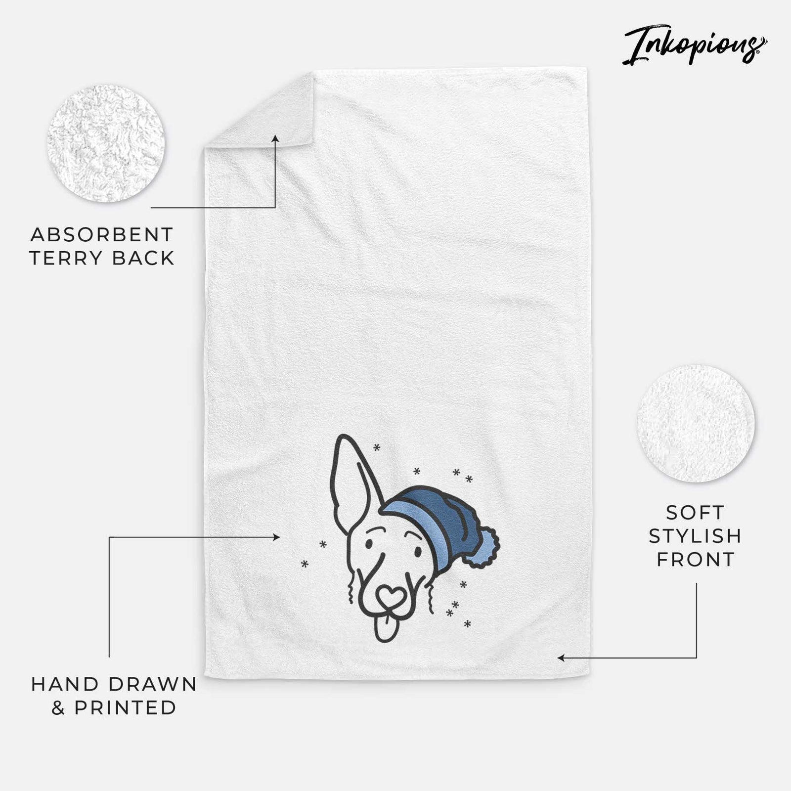 Minimalist line drawing of Rosie the Shepherd Mix wearing a winter beanie on a decorative hand towel