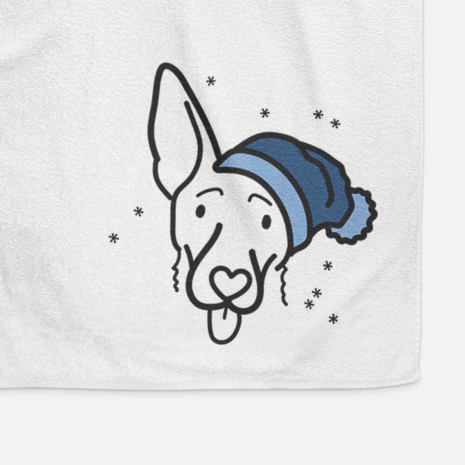 Minimalist line drawing of Rosie the Shepherd Mix wearing a winter beanie on a decorative hand towel