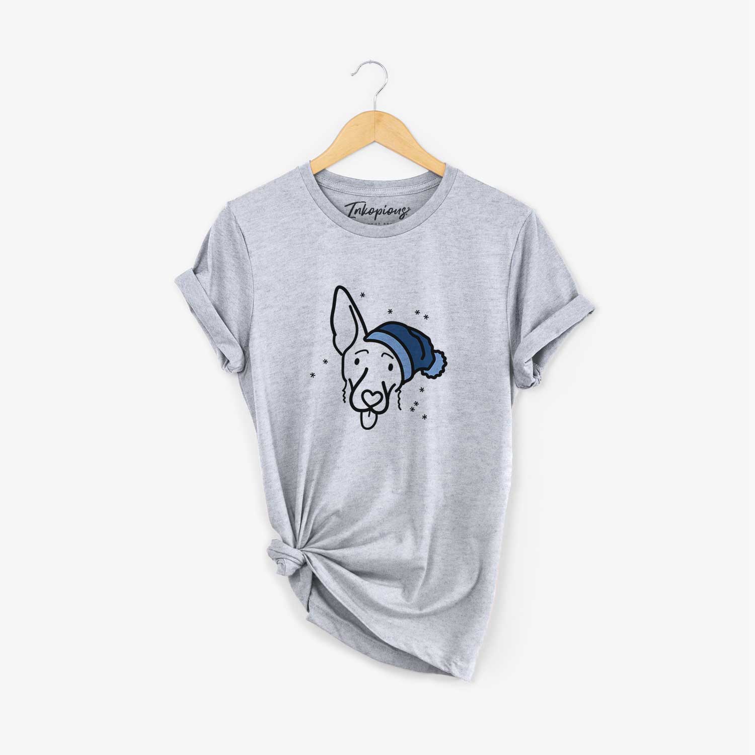 Minimalist line drawing of Rosie the Shepherd Mix wearing a winter beanie on a Grey Unisex crewneck