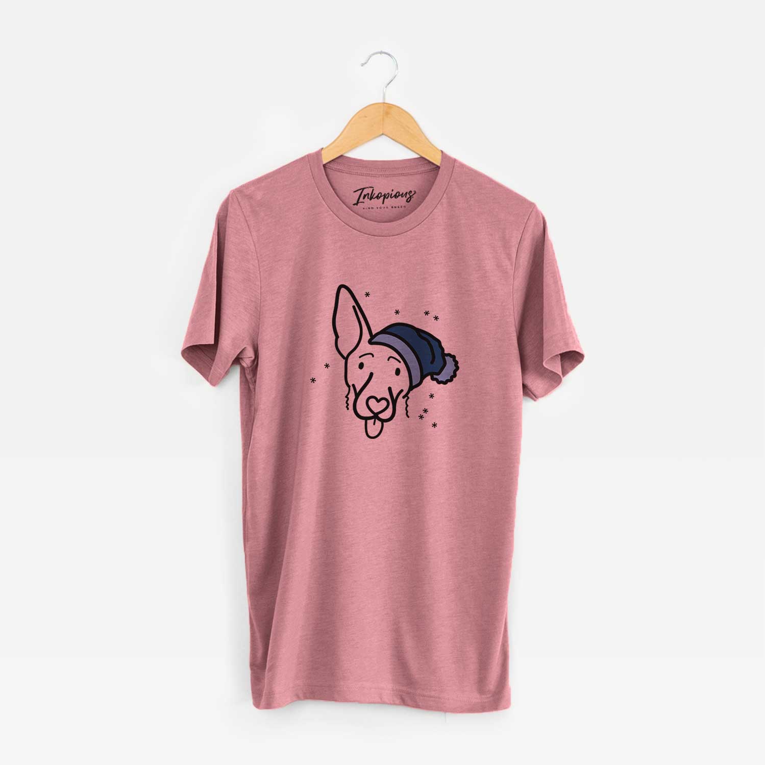 Minimalist line drawing of Rosie the Shepherd Mix wearing a winter beanie on a Mauve Unisex crewneck