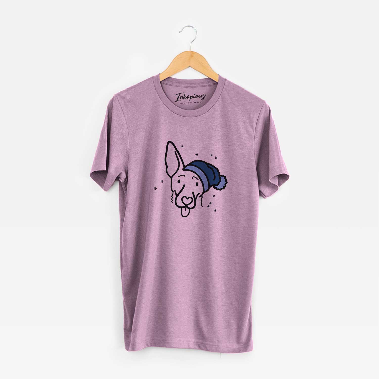 Minimalist line drawing of Rosie the Shepherd Mix wearing a winter beanie on an Orchid Unisex crewneck