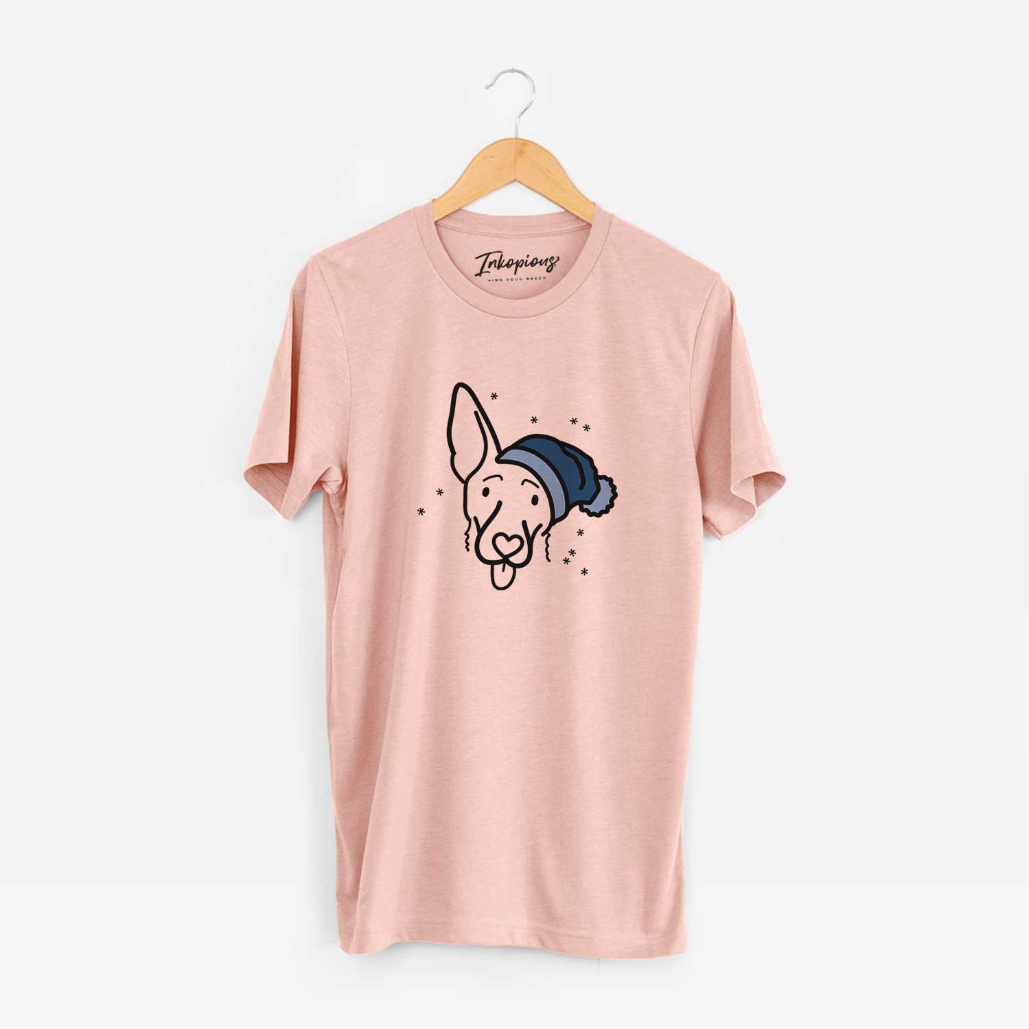 Minimalist line drawing of Rosie the Shepherd Mix wearing a winter beanie on a Peach Unisex crewneck