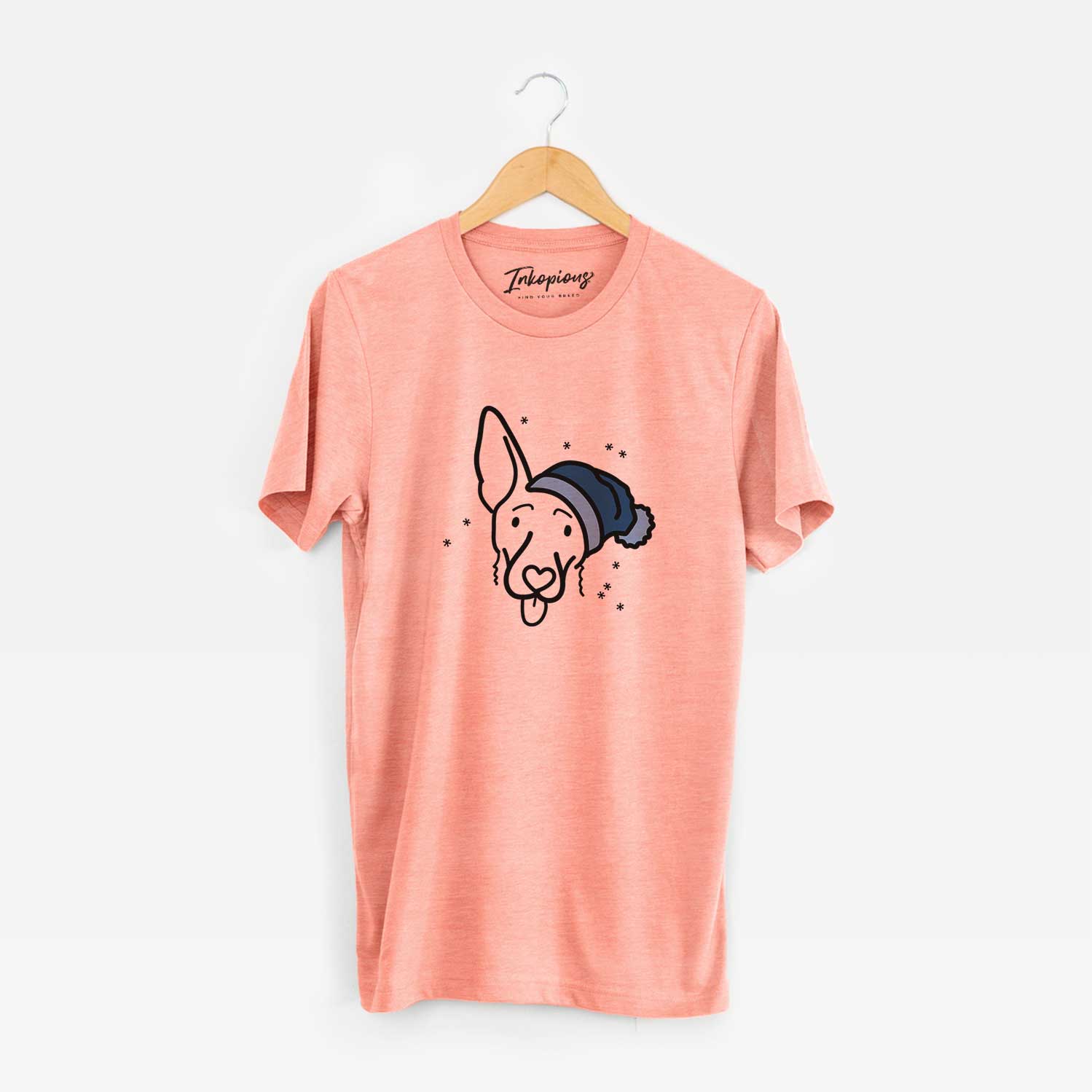 Minimalist line drawing of Rosie the Shepherd Mix wearing a winter beanie on a Sunset Unisex crewneck