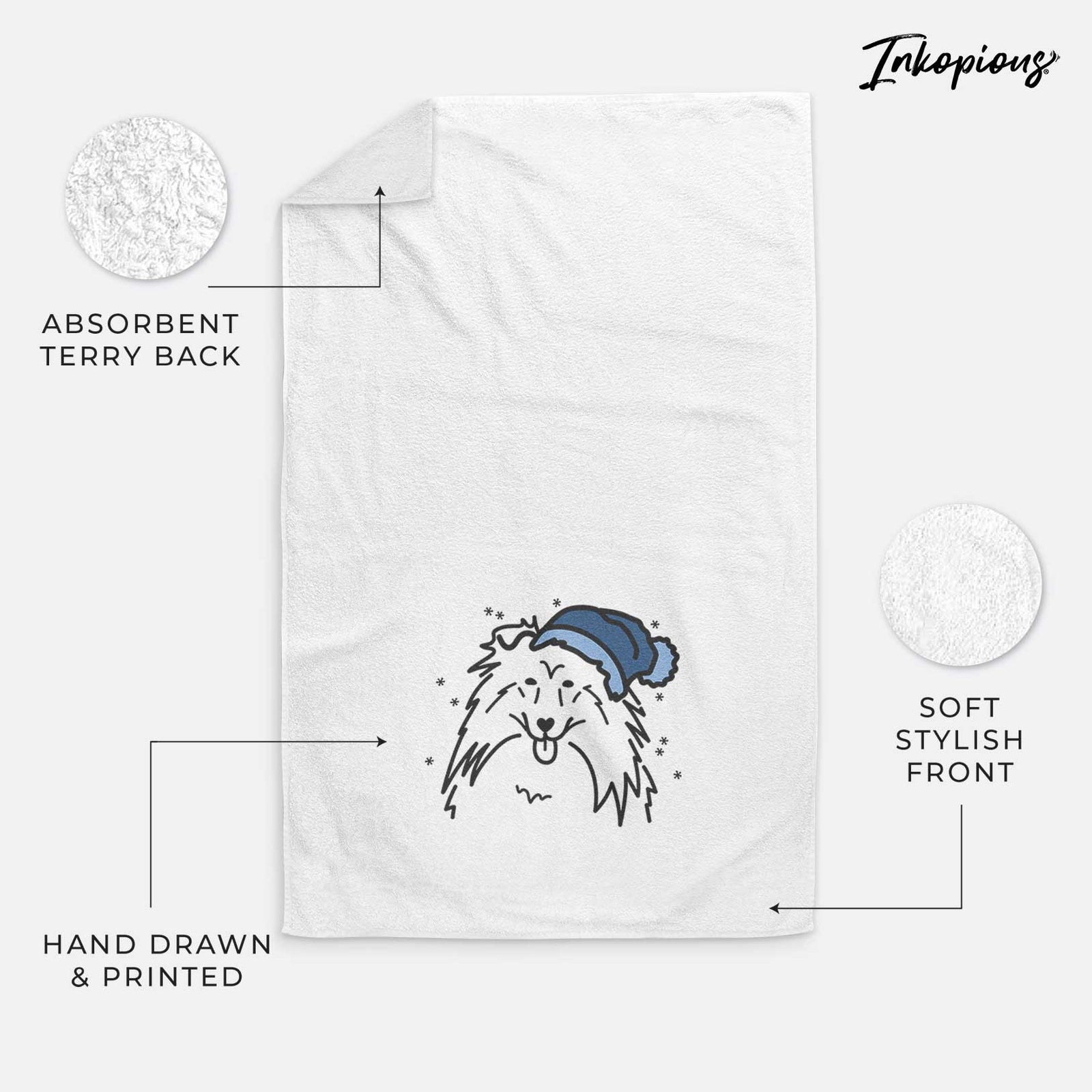 Minimalist line drawing of a Rough Collie wearing a winter beanie on a decorative hand towel