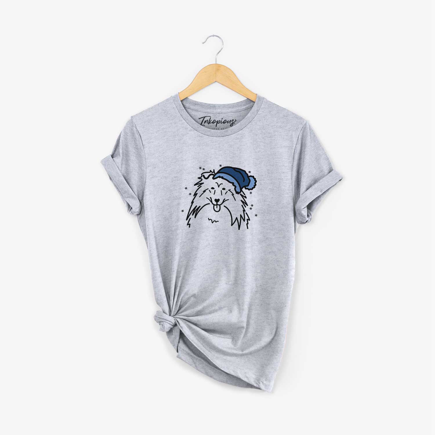 Minimalist line drawing of a Rough Collie wearing a winter beanie on a Grey Unisex crewneck