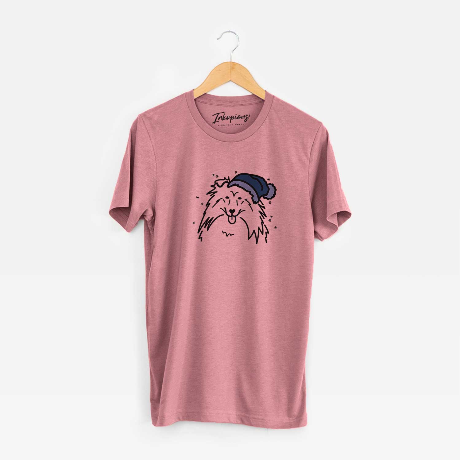 Minimalist line drawing of a Rough Collie wearing a winter beanie on a Mauve Unisex crewneck