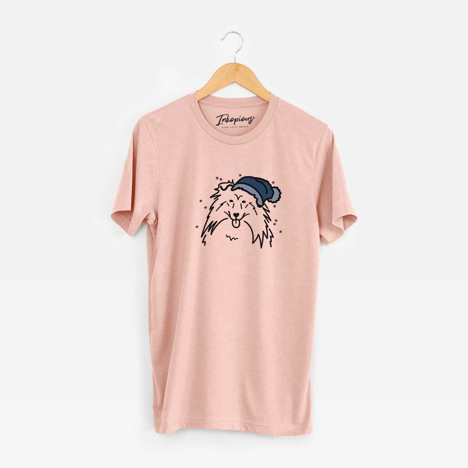 Minimalist line drawing of a Rough Collie wearing a winter beanie on a Peach Unisex crewneck