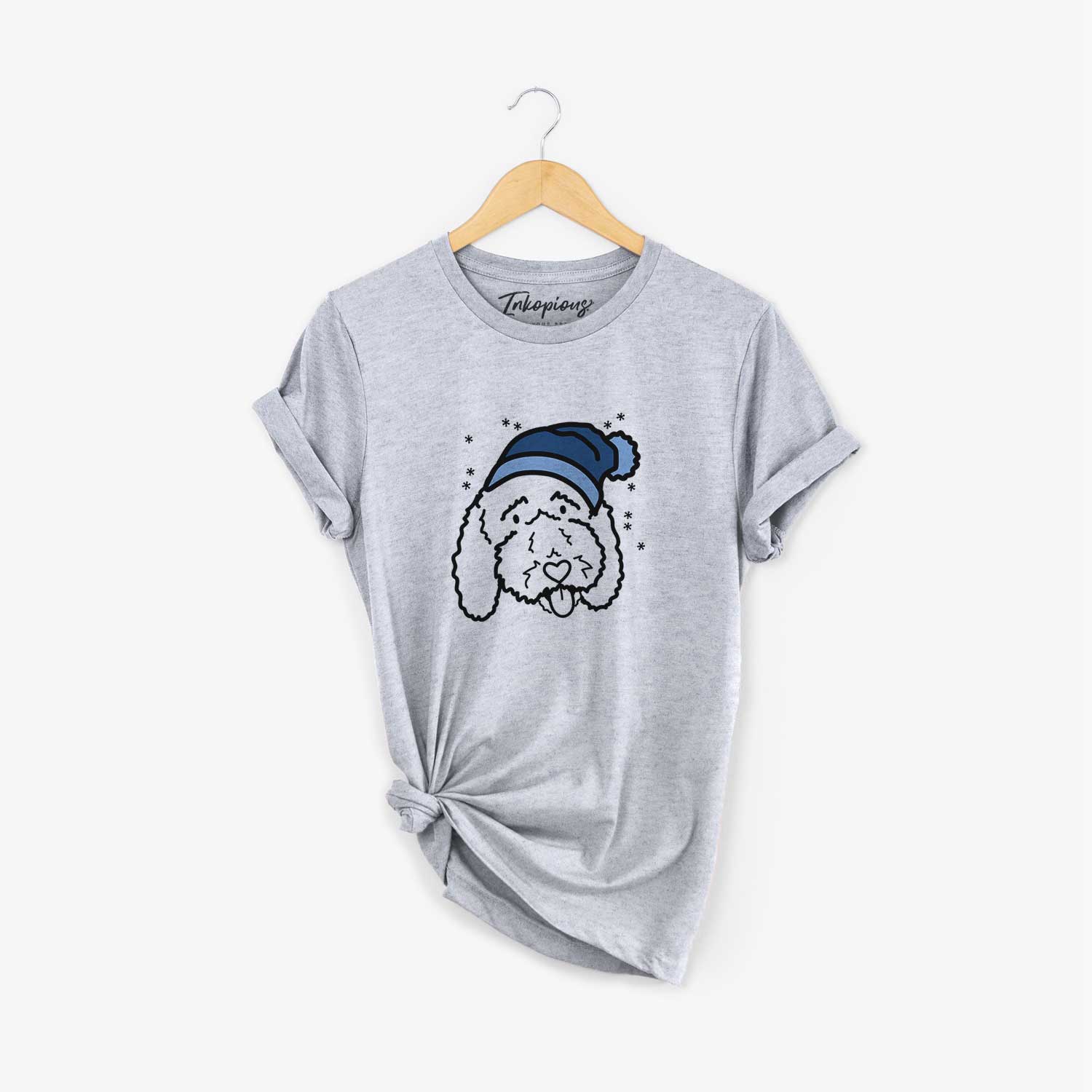 Minimalist line drawing of Ruby the Bernedoodle wearing a winter beanie on a Grey Unisex crewneck