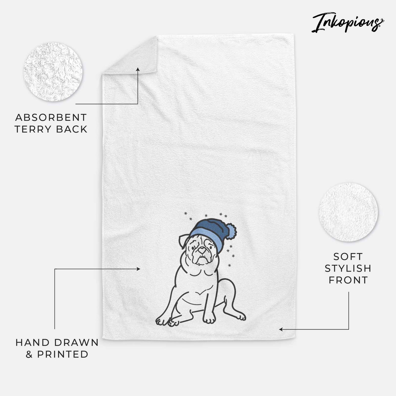 Minimalist line drawing of Rudy the Pug wearing a winter beanie on a decorative hand towel