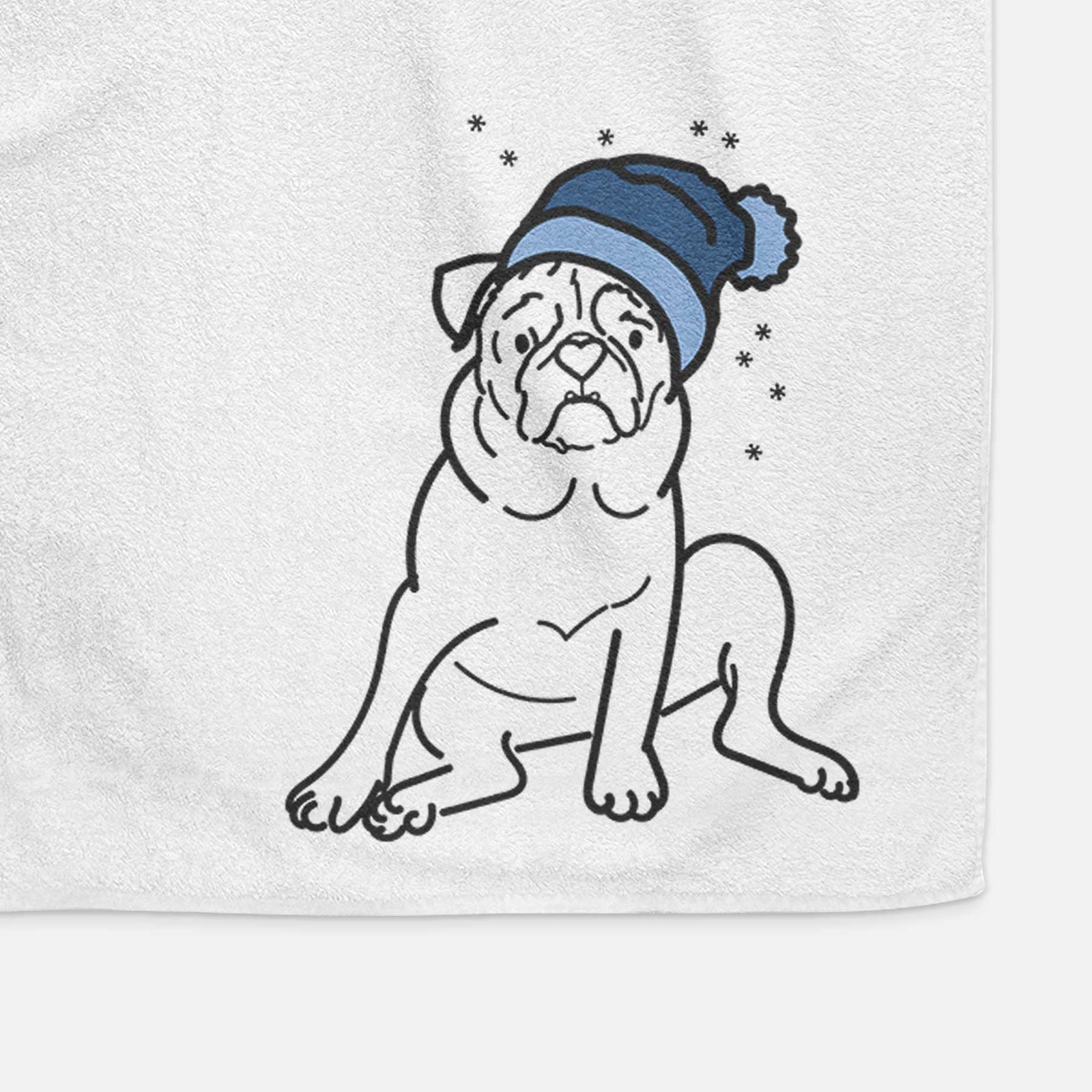 Minimalist line drawing of Rudy the Pug wearing a winter beanie on a decorative hand towel