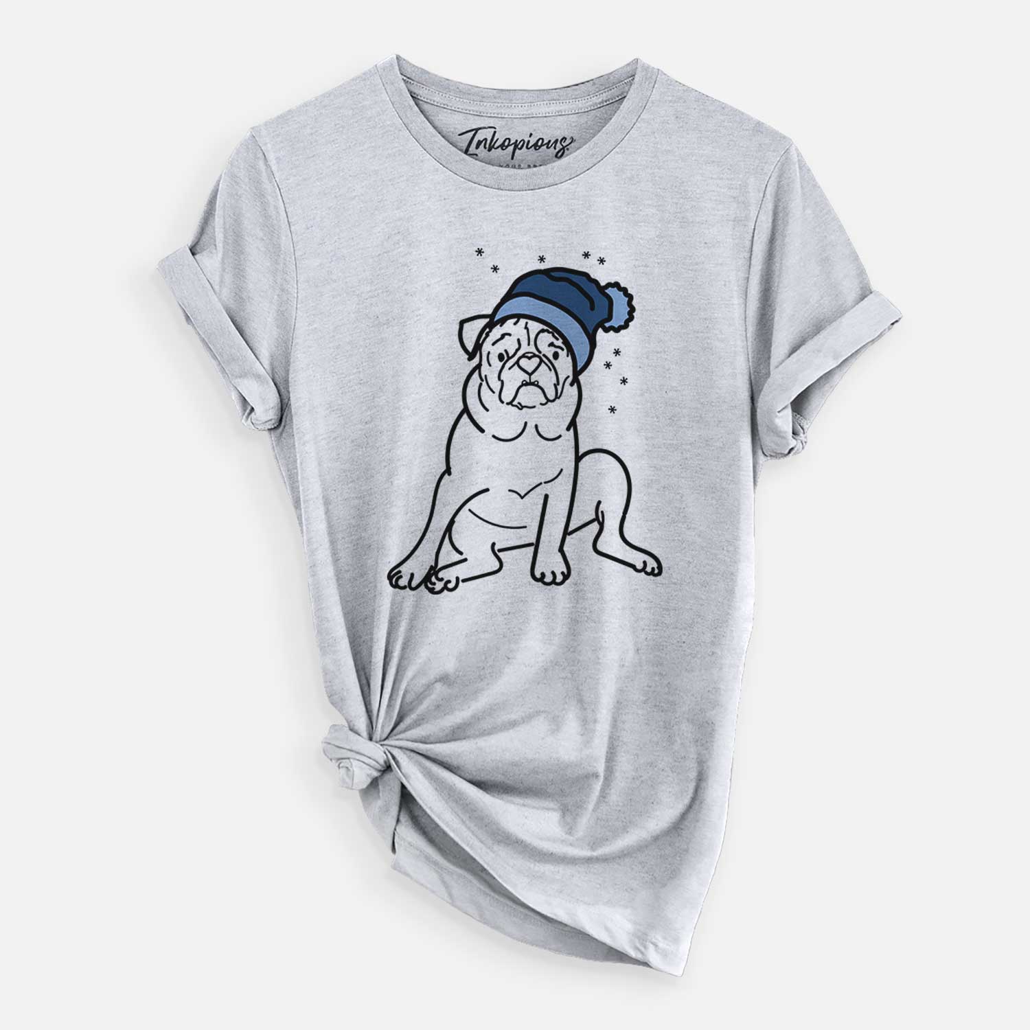 Minimalist line drawing of Rudy the Pug wearing a winter beanie on a Grey Unisex crewneck