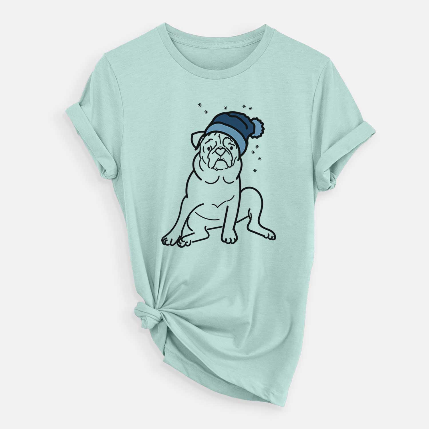 Minimalist line drawing of Rudy the Pug wearing a winter beanie on a Heather Sage Unisex crewneck