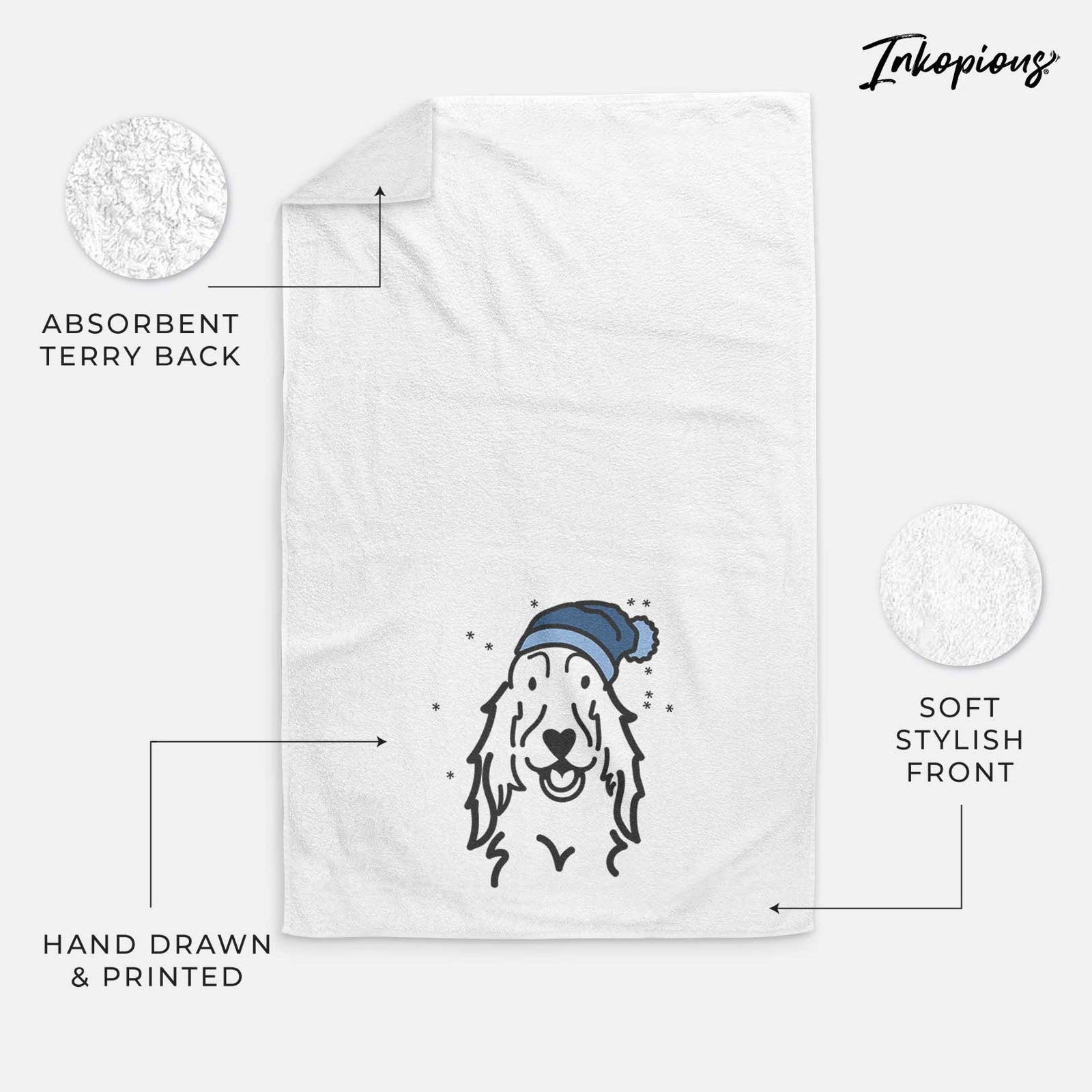 Minimalist line drawing of a Setter wearing a winter beanie on a decorative hand towel