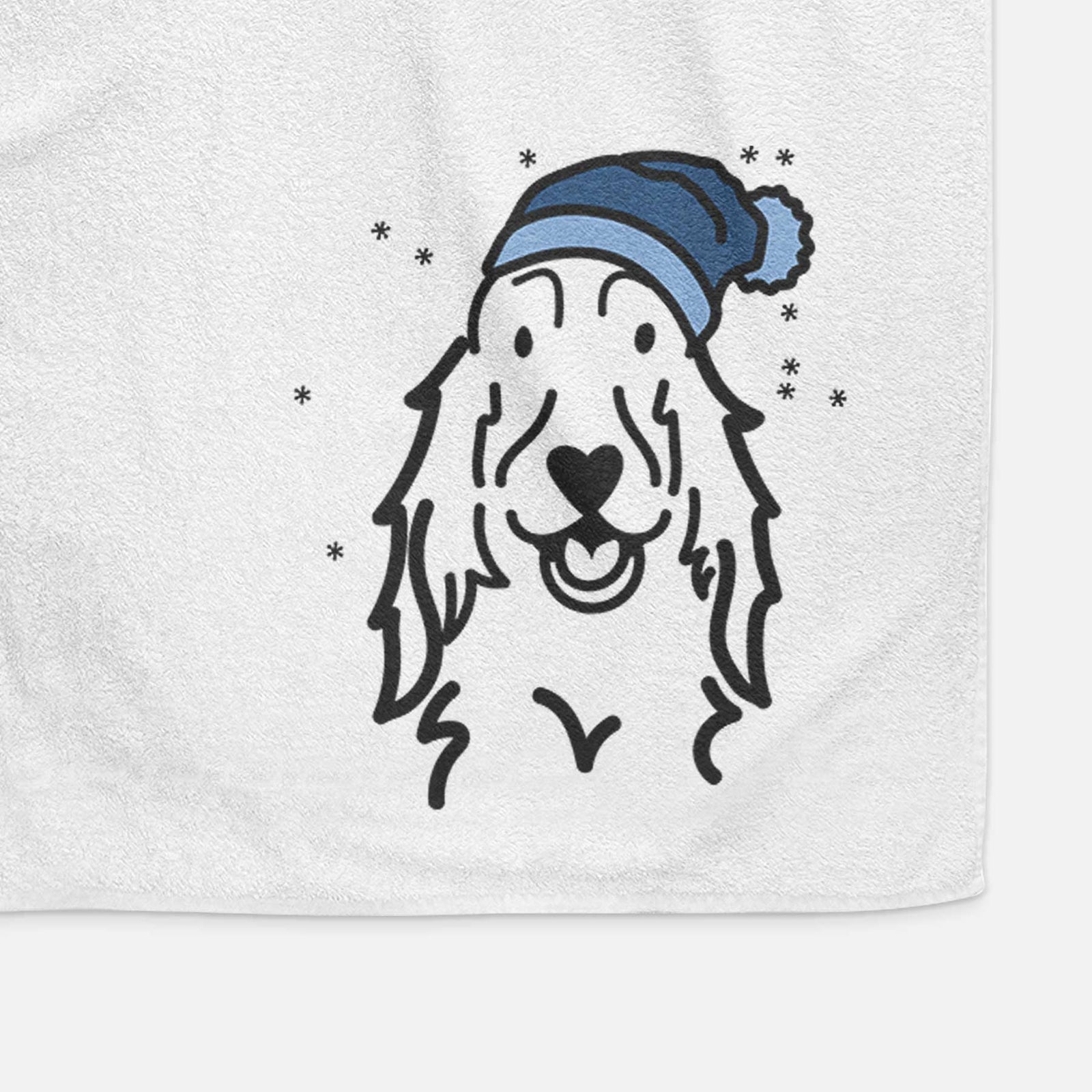 Minimalist line drawing of a Setter wearing a winter beanie on a decorative hand towel