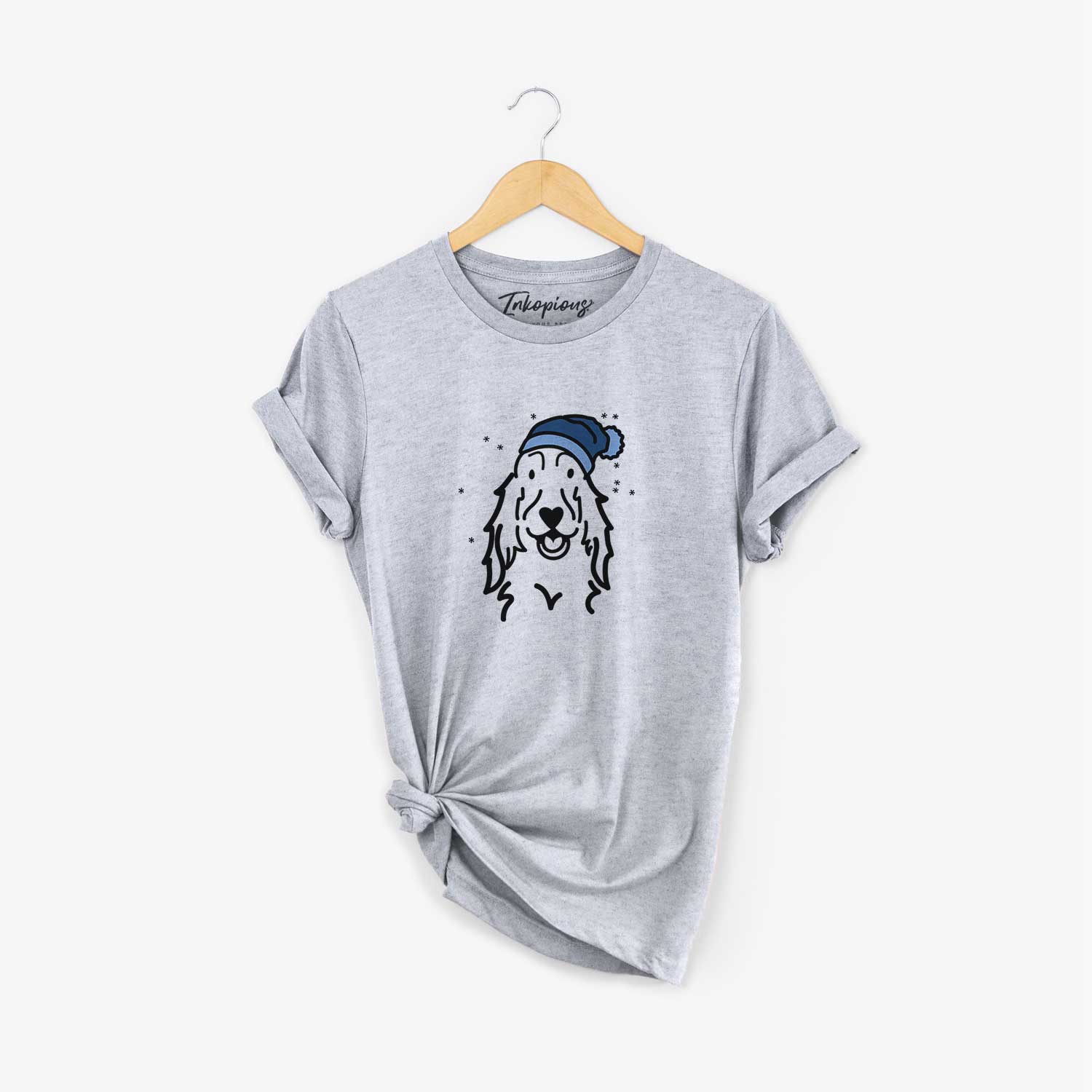 Minimalist line drawing of a Setter wearing a winter beanie on a Grey Unisex crewneck