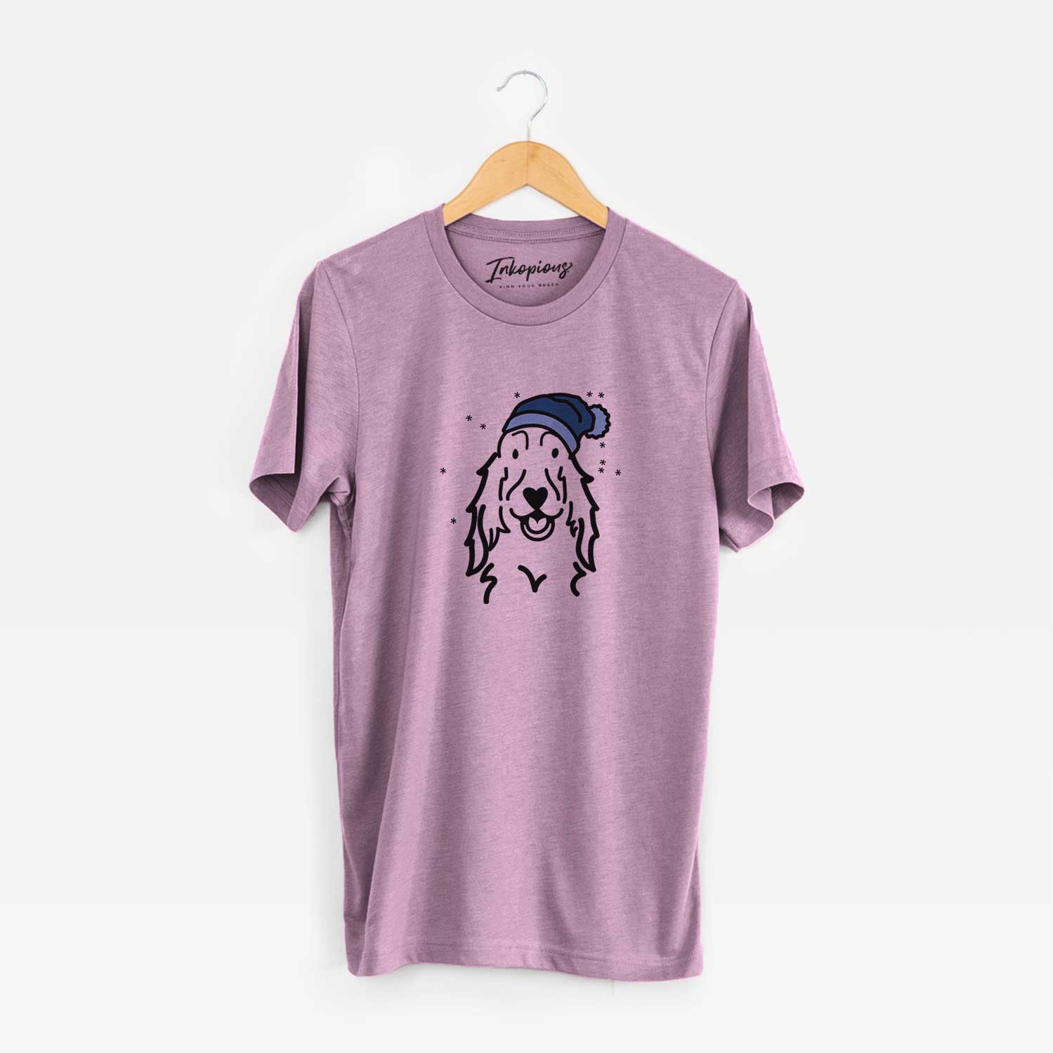 Minimalist line drawing of a Setter wearing a winter beanie on an Orchid Unisex crewneck