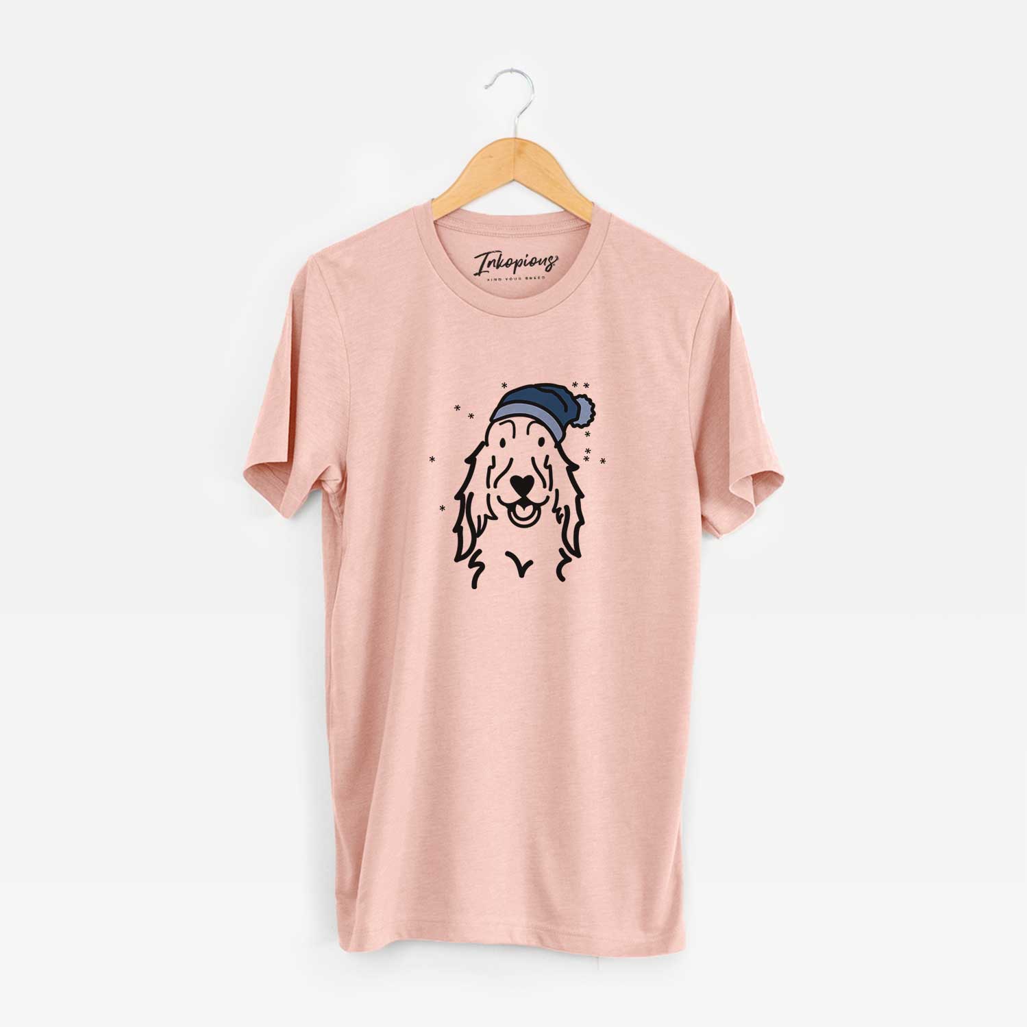 Minimalist line drawing of a Setter wearing a winter beanie on a Peach Unisex crewneck