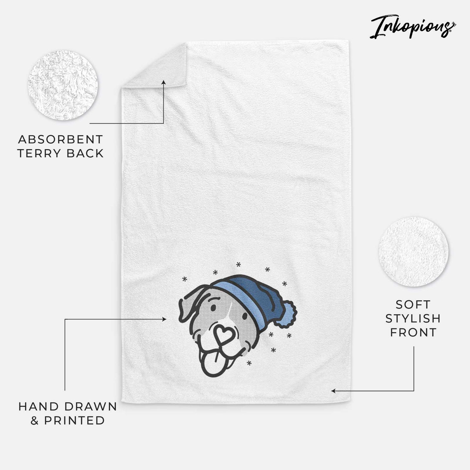 Minimalist line drawing of Shadow the Pitbull Mix wearing a winter beanie on a decorative hand towel