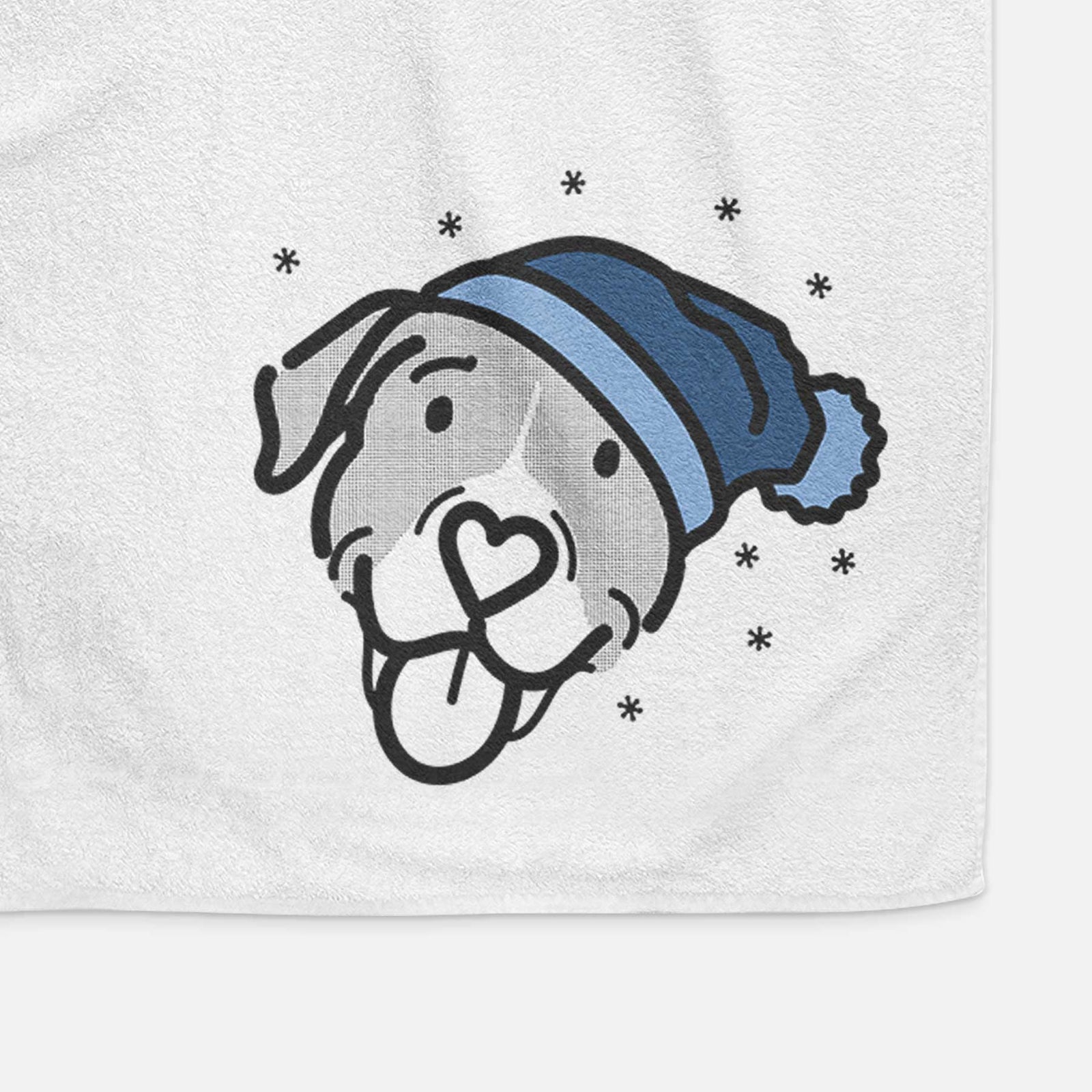 Minimalist line drawing of Shadow the Pitbull Mix wearing a winter beanie on a decorative hand towel
