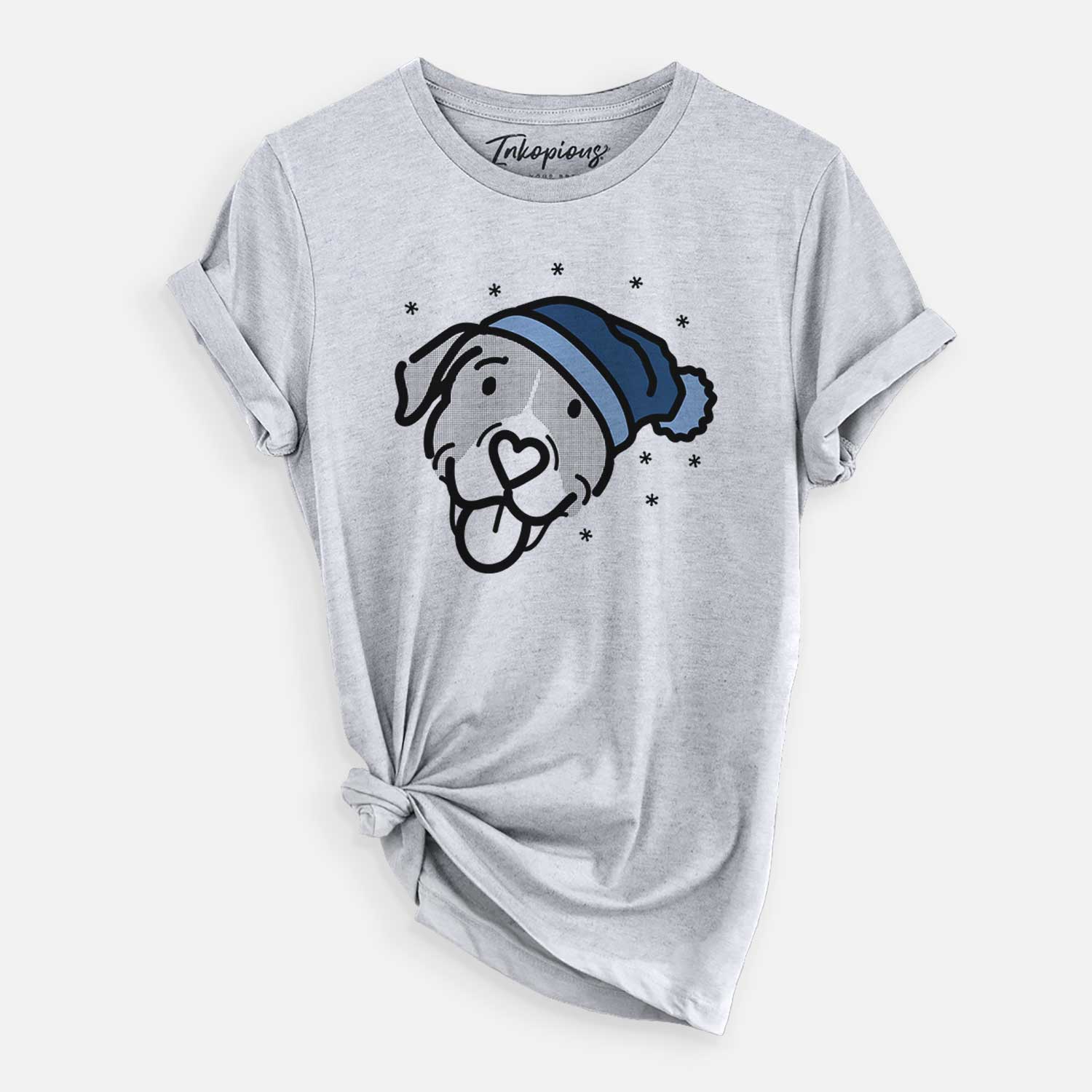 Minimalist line drawing of Shadow the Pitbull Mix wearing a winter beanie on a Grey Unisex crewneck