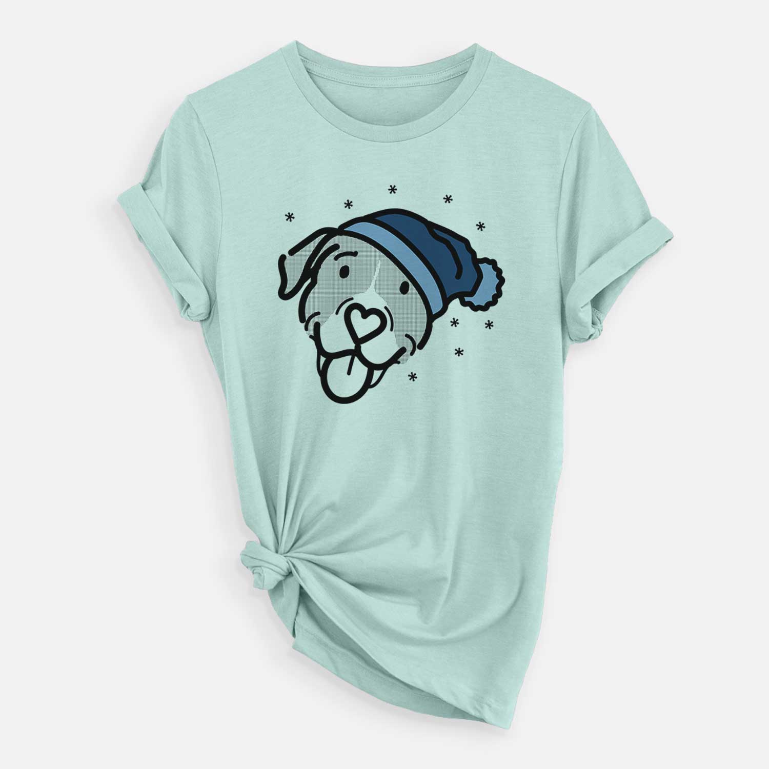 Minimalist line drawing of Shadow the Pitbull Mix wearing a winter beanie on a Heather Sage Unisex crewneck