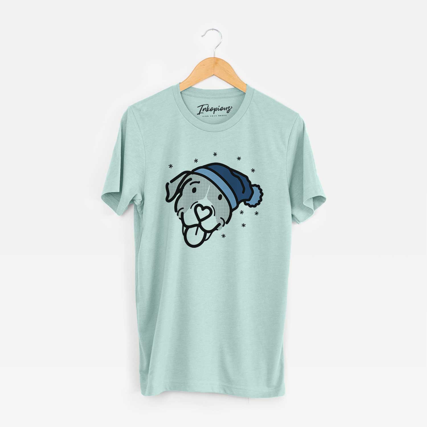 Minimalist line drawing of Shadow the Pitbull Mix wearing a winter beanie on a Heather Sage Unisex crewneck