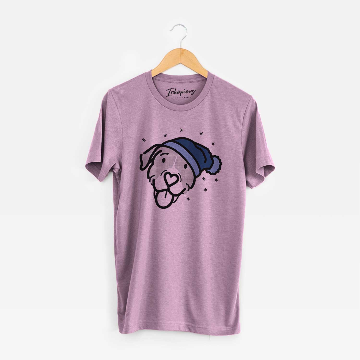 Minimalist line drawing of Shadow the Pitbull Mix wearing a winter beanie on an Orchid Unisex crewneck
