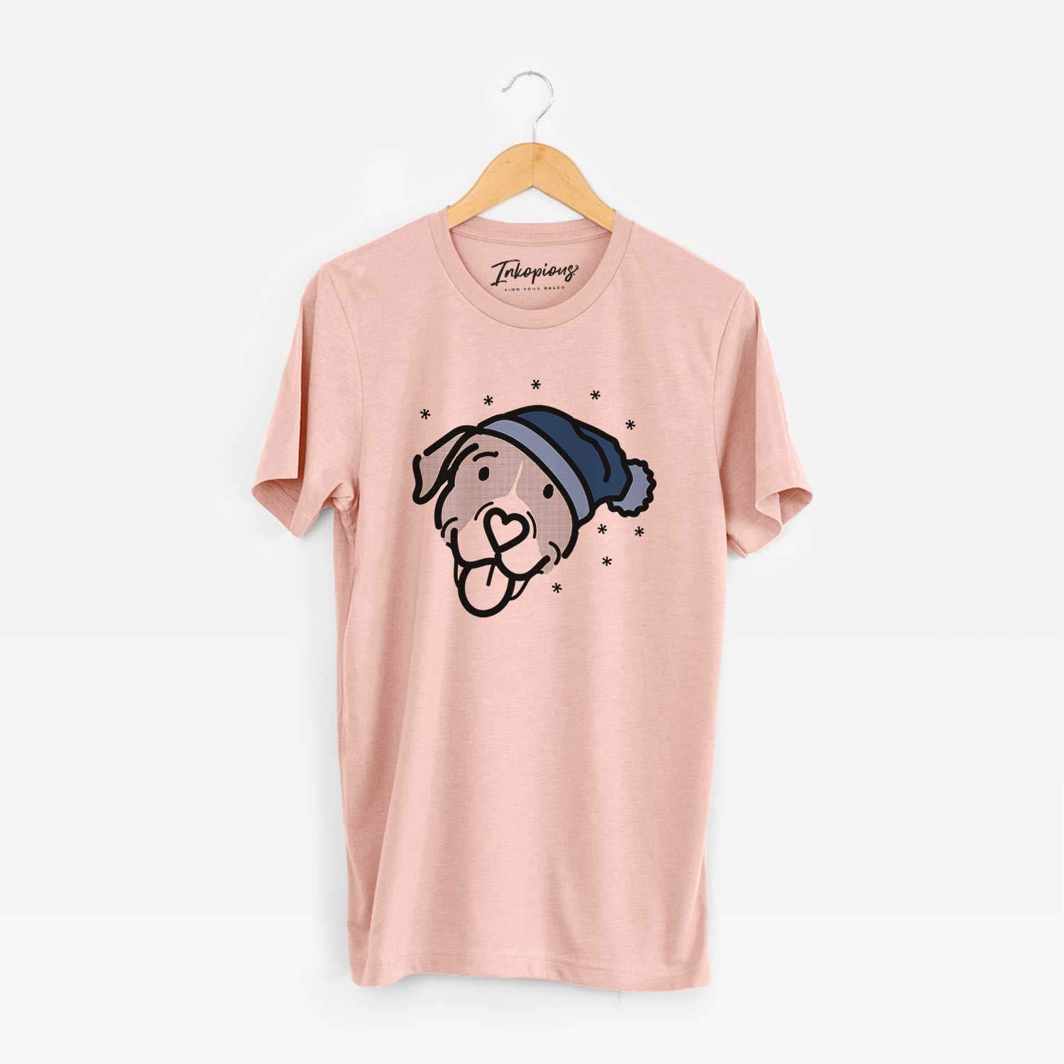 Minimalist line drawing of Shadow the Pitbull Mix wearing a winter beanie on a Peach Unisex crewneck