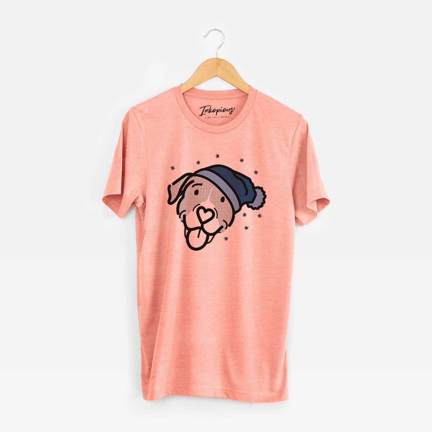 Minimalist line drawing of Shadow the Pitbull Mix wearing a winter beanie on a Sunset Unisex crewneck