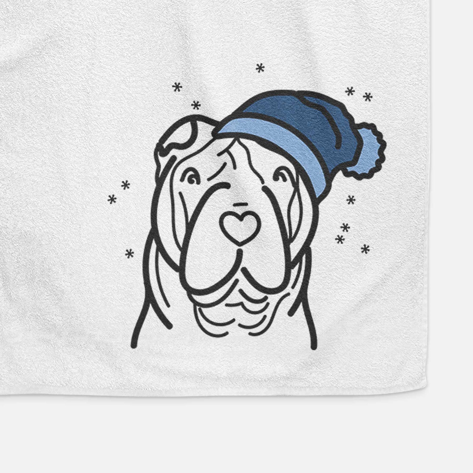 Minimalist line drawing of a Shar Pei wearing a winter beanie on a decorative hand towel