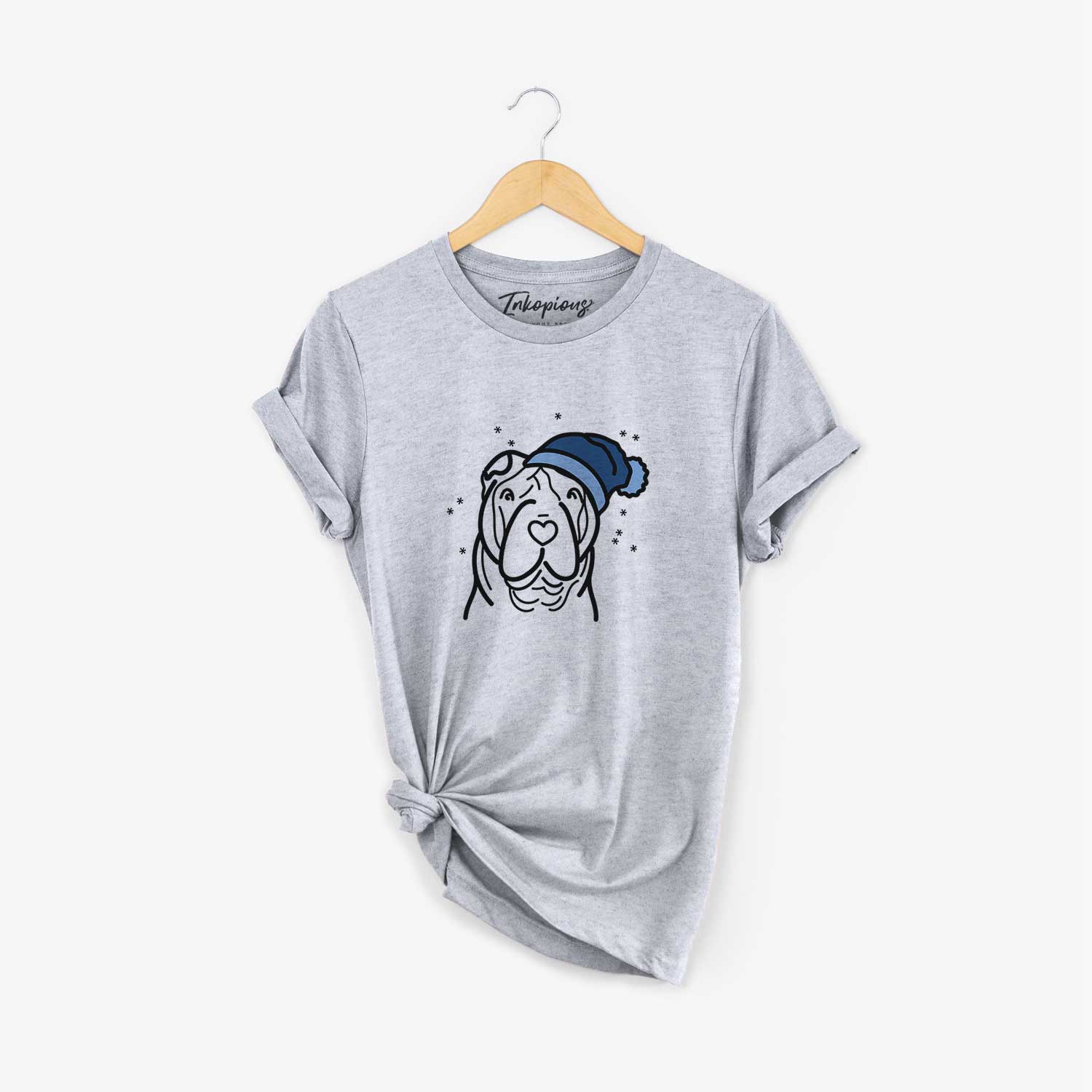 Minimalist line drawing of a Shar Pei wearing a winter beanie on a Grey Unisex crewneck