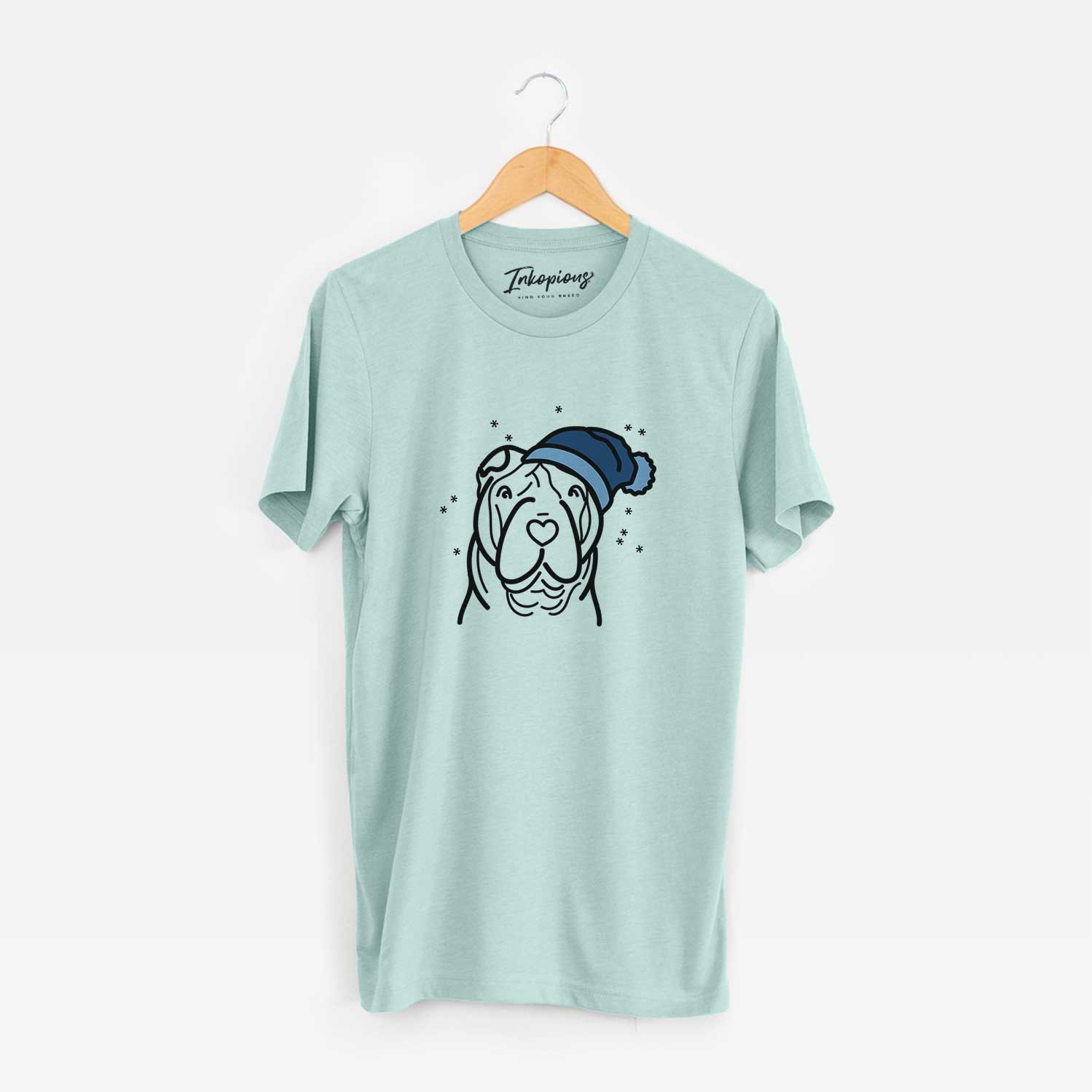 Minimalist line drawing of a Shar Pei wearing a winter beanie on a Heather Sage Unisex crewneck